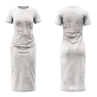 Samoa Lotu Tamaiti White Prayers Couples Matching Short Sleeve Bodycon Dress and Long Sleeve Button Shirt Floral Mamanu Siapo LT7 - Polynesian Pride