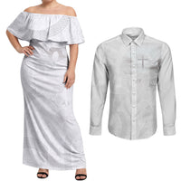 Niue White Sunday Tapu Fanau Couples Matching Off Shoulder Maxi Dress and Long Sleeve Button Shirt Fiti Pua Mix Hiapo Tapa LT7 White - Polynesian Pride