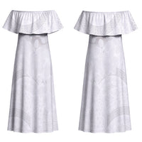 Niue White Sunday Tapu Fanau Couples Matching Off Shoulder Maxi Dress and Long Sleeve Button Shirt Fiti Pua Mix Hiapo Tapa LT7 - Polynesian Pride