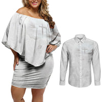 Niue White Sunday Tapu Fanau Couples Matching Off Shoulder Short Dress and Long Sleeve Button Shirt Fiti Pua Mix Hiapo Tapa LT7 White - Polynesian Pride