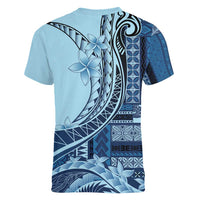 Samoa Siapo Mamanu Women V-Neck T-Shirt Plumeria Navy Blue Motifs LT7 - Polynesian Pride