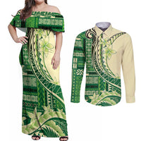 Samoa Siapo Mamanu Couples Matching Off Shoulder Maxi Dress and Long Sleeve Button Shirt Plumeria Emerald Motifs LT7 Green - Polynesian Pride