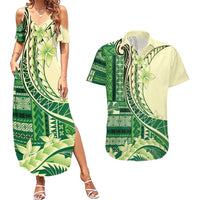 Samoa Siapo Mamanu Couples Matching Summer Maxi Dress and Hawaiian Shirt Plumeria Emerald Motifs LT7 Green - Polynesian Pride