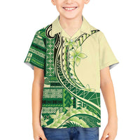 Samoa Siapo Mamanu Family Matching Short Sleeve Bodycon Dress and Hawaiian Shirt Plumeria Emerald Motifs