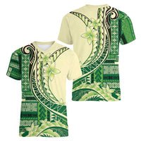 Samoa Siapo Mamanu Women V-Neck T-Shirt Plumeria Emerald Motifs LT7 - Polynesian Pride