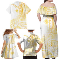 Samoa Siapo Mamanu Family Matching Off Shoulder Maxi Dress and Hawaiian Shirt Plumeria Fancy Gold Motifs