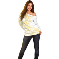 Samoa Siapo Mamanu Off Shoulder Sweater Plumeria Fancy Gold Motifs