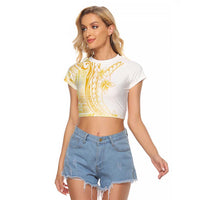 Samoa Siapo Mamanu Raglan Cropped T Shirt Plumeria Fancy Gold Motifs LT7 Female Gold - Polynesian Pride