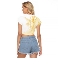 Samoa Siapo Mamanu Raglan Cropped T Shirt Plumeria Fancy Gold Motifs LT7 - Polynesian Pride