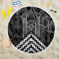Aotearoa Taniko Pattern Beach Blanket Poutama Mix Kowhai Flowers LT7 One Size 150cm Grey - Polynesian Pride