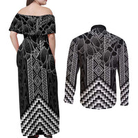 Aotearoa Taniko Pattern Couples Matching Off Shoulder Maxi Dress and Long Sleeve Button Shirt Poutama Mix Kowhai Flowers LT7 - Polynesian Pride