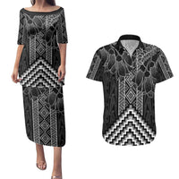 Aotearoa Taniko Pattern Couples Matching Puletasi and Hawaiian Shirt Poutama Mix Kowhai Flowers LT7 Grey - Polynesian Pride