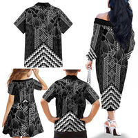 Aotearoa Taniko Pattern Family Matching Off The Shoulder Long Sleeve Dress and Hawaiian Shirt Poutama Mix Kowhai Flowers