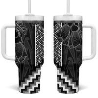 Aotearoa Taniko Pattern Tumbler With Handle Poutama Mix Kowhai Flowers LT7 One Size: 40 oz Grey - Polynesian Pride