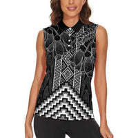 Aotearoa Taniko Pattern Women Sleeveless Polo Shirt Poutama Mix Kowhai Flowers