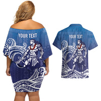 Samoa Manuia le Aso Tuto'atasi Siapo Motif Couples Matching Off Shoulder Short Dress and Hawaiian Shirt Warrior with Nifo Oti