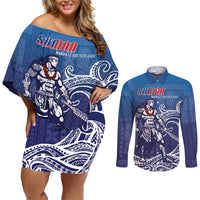 Samoa Manuia le Aso Tuto'atasi Siapo Motif Couples Matching Off Shoulder Short Dress and Long Sleeve Button Shirt Warrior with Nifo Oti LT7 Blue - Polynesian Pride