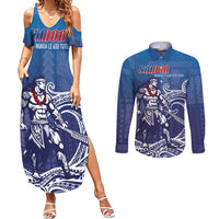 Samoa Manuia le Aso Tuto'atasi Siapo Motif Couples Matching Summer Maxi Dress and Long Sleeve Button Shirt Warrior with Nifo Oti LT7 Blue - Polynesian Pride