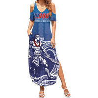 Samoa Manuia le Aso Tuto'atasi Siapo Motif Summer Maxi Dress Warrior with Nifo Oti LT7 Women Blue - Polynesian Pride