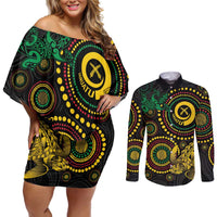 Vanuatu Personalized Aboriginal Arts Couples Matching Off Shoulder Short Dress and Long Sleeve Button Shirt Turtle and Iguana Special LT7 Colorful - Polynesian Pride