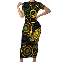 Vanuatu Personalized Aboriginal Arts Short Sleeve Bodycon Dress Turtle and Iguana Special - Polynesian Pride
