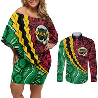 Vanuatu Personalized Tribal Couples Matching Off Shoulder Short Dress and Long Sleeve Button Shirt Aboriginal Inspired Mix Style LT7 Colorful - Polynesian Pride
