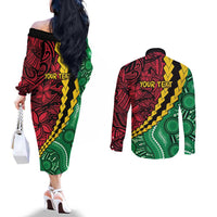 Vanuatu Personalized Tribal Couples Matching Off The Shoulder Long Sleeve Dress and Long Sleeve Button Shirt Aboriginal Inspired Mix Style LT7 - Polynesian Pride