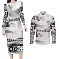 Personalised Fiji Rugby Couples Matching Long Sleeve Bodycon Dress and Long Sleeve Button Shirts Kaiviti WC 2023 Jersey Replica - White LT7 White - Polynesian Pride