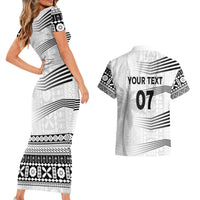 Personalised Fiji Rugby Couples Matching Short Sleeve Bodycon Dress and Hawaiian Shirt Kaiviti WC 2023 Jersey Replica - White LT7 - Polynesian Pride