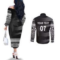 Personalised Fiji Rugby Couples Matching Off The Shoulder Long Sleeve Dress and Long Sleeve Button Shirts Kaiviti WC 2023 Jersey Replica - Black LT7 - Polynesian Pride