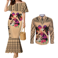 Personalised Polynesian Couples Matching Mermaid Dress and Long Sleeve Button Shirts Dog Lover With Beagle - Sunset At The Beach LT7 Coral - Polynesian Pride