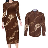 Aloha Hawaii Floral Tapa Couples Matching Long Sleeve Bodycon Dress and Long Sleeve Button Shirt Patchwork Mocha - Polynesian Pride