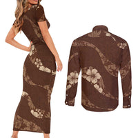 Aloha Hawaii Floral Tapa Couples Matching Short Sleeve Bodycon Dress and Long Sleeve Button Shirt Patchwork Mocha - Polynesian Pride