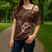 Aloha Hawaii Floral Tapa Cross Shoulder Shirt Patchwork Mocha LT7 - Polynesian Pride