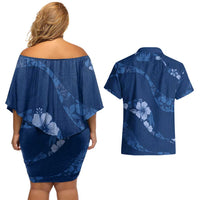 Aloha Hawaii Floral Tapa Couples Matching Off Shoulder Short Dress and Hawaiian Shirt Patchwork Navy - Polynesian Pride