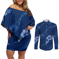 Aloha Hawaii Floral Tapa Couples Matching Off Shoulder Short Dress and Long Sleeve Button Shirt Patchwork Navy - Polynesian Pride