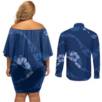 Aloha Hawaii Floral Tapa Couples Matching Off Shoulder Short Dress and Long Sleeve Button Shirt Patchwork Navy - Polynesian Pride