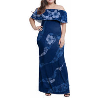 Aloha Hawaii Floral Tapa Family Matching Off Shoulder Maxi Dress and Hawaiian Shirt Patchwork Navy - Polynesian Pride