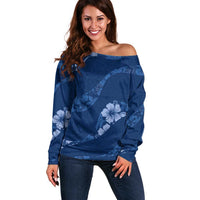 Aloha Hawaii Floral Tapa Off Shoulder Sweater Patchwork Navy - Polynesian Pride