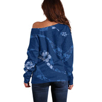 Aloha Hawaii Floral Tapa Off Shoulder Sweater Patchwork Navy - Polynesian Pride