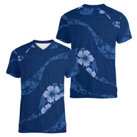 Aloha Hawaii Floral Tapa Women V-Neck T-Shirt Patchwork Navy - Polynesian Pride