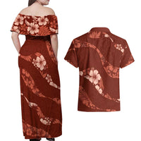 Aloha Hawaii Floral Tapa Couples Matching Off Shoulder Maxi Dress and Hawaiian Shirt Patchwork Crimson - Polynesian Pride