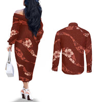 Aloha Hawaii Floral Tapa Couples Matching Off The Shoulder Long Sleeve Dress and Long Sleeve Button Shirt Patchwork Crimson - Polynesian Pride