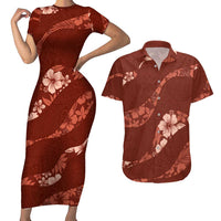 Aloha Hawaii Floral Tapa Couples Matching Short Sleeve Bodycon Dress and Hawaiian Shirt Patchwork Crimson - Polynesian Pride