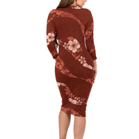Aloha Hawaii Floral Tapa Long Sleeve Bodycon Dress Patchwork Crimson - Polynesian Pride