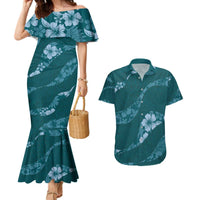 Aloha Hawaii Floral Tapa Couples Matching Mermaid Dress and Hawaiian Shirt Patchwork Teal - Polynesian Pride