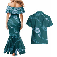 Aloha Hawaii Floral Tapa Couples Matching Mermaid Dress and Hawaiian Shirt Patchwork Teal - Polynesian Pride