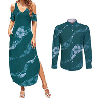 Aloha Hawaii Floral Tapa Couples Matching Summer Maxi Dress and Long Sleeve Button Shirt Patchwork Teal - Polynesian Pride