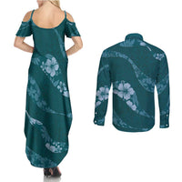 Aloha Hawaii Floral Tapa Couples Matching Summer Maxi Dress and Long Sleeve Button Shirt Patchwork Teal - Polynesian Pride