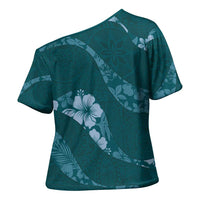 Aloha Hawaii Floral Tapa Cross Shoulder Shirt Patchwork Teal LT7 - Polynesian Pride